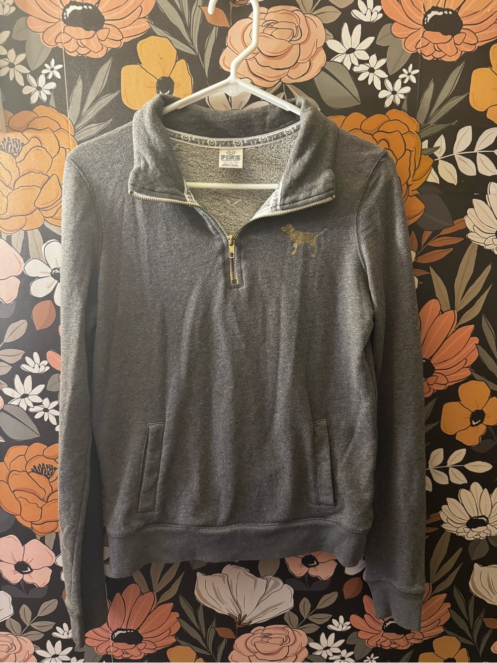 PINK Victoria's Secret Gray Zip-Up Sweatshirt with Logo Trim